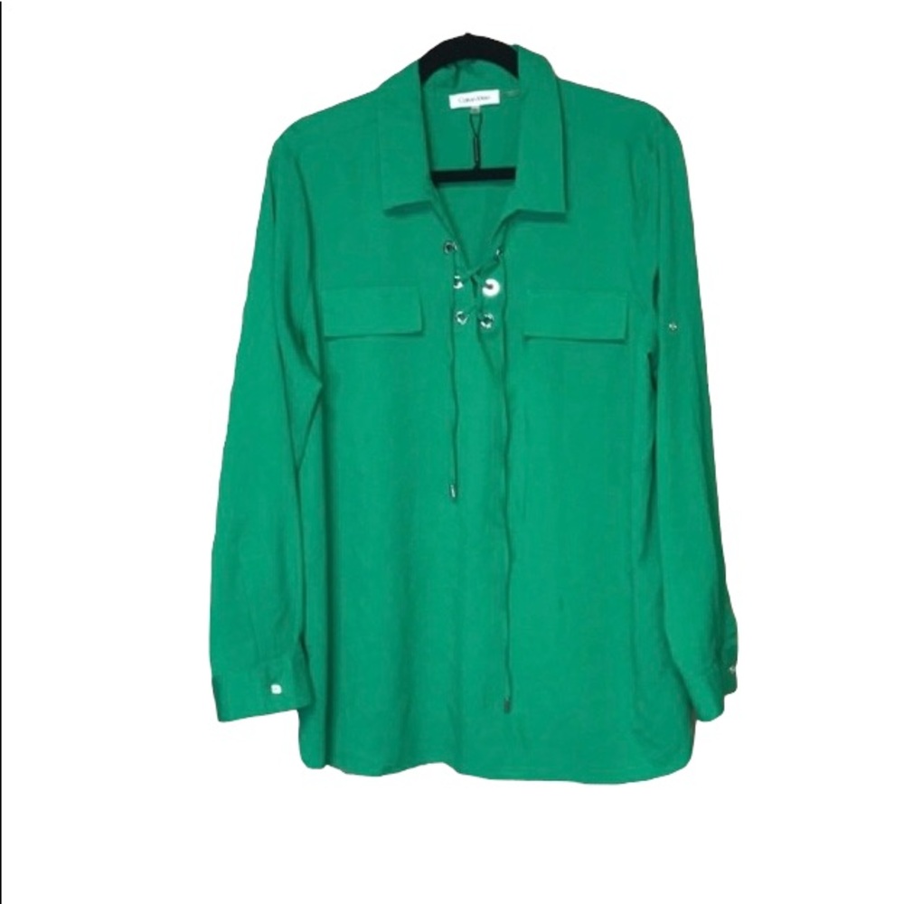 Calvin Klein boho long sleeve green blouse lace-up v-neck size XL (Sum227)